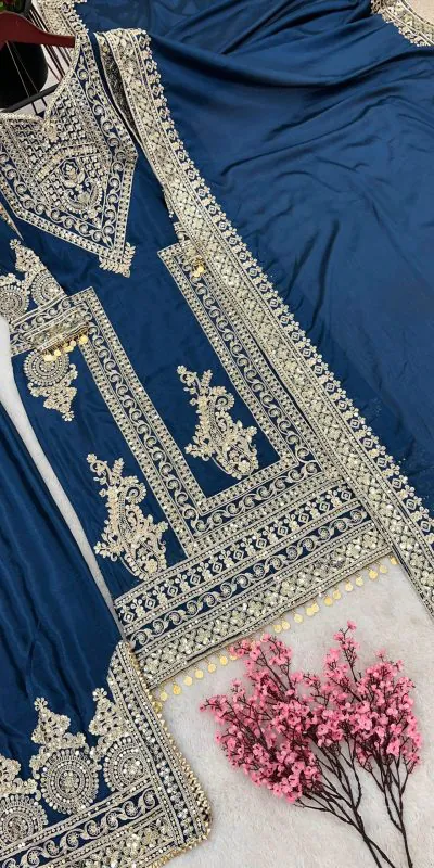 NSR 805 Blue Color Pure Chinnon Silk Embroidery Coding Salwar Suit Casual, Party Festive, Events Etc. Expected Delivery 4-6 Working Days @2149/- | Jump Suits, Salwar suit, Casual Suits, Creative suits, Designer Suits, Palazzo Suits, Party Wear Suits, Patiala Suits, Straight Suits