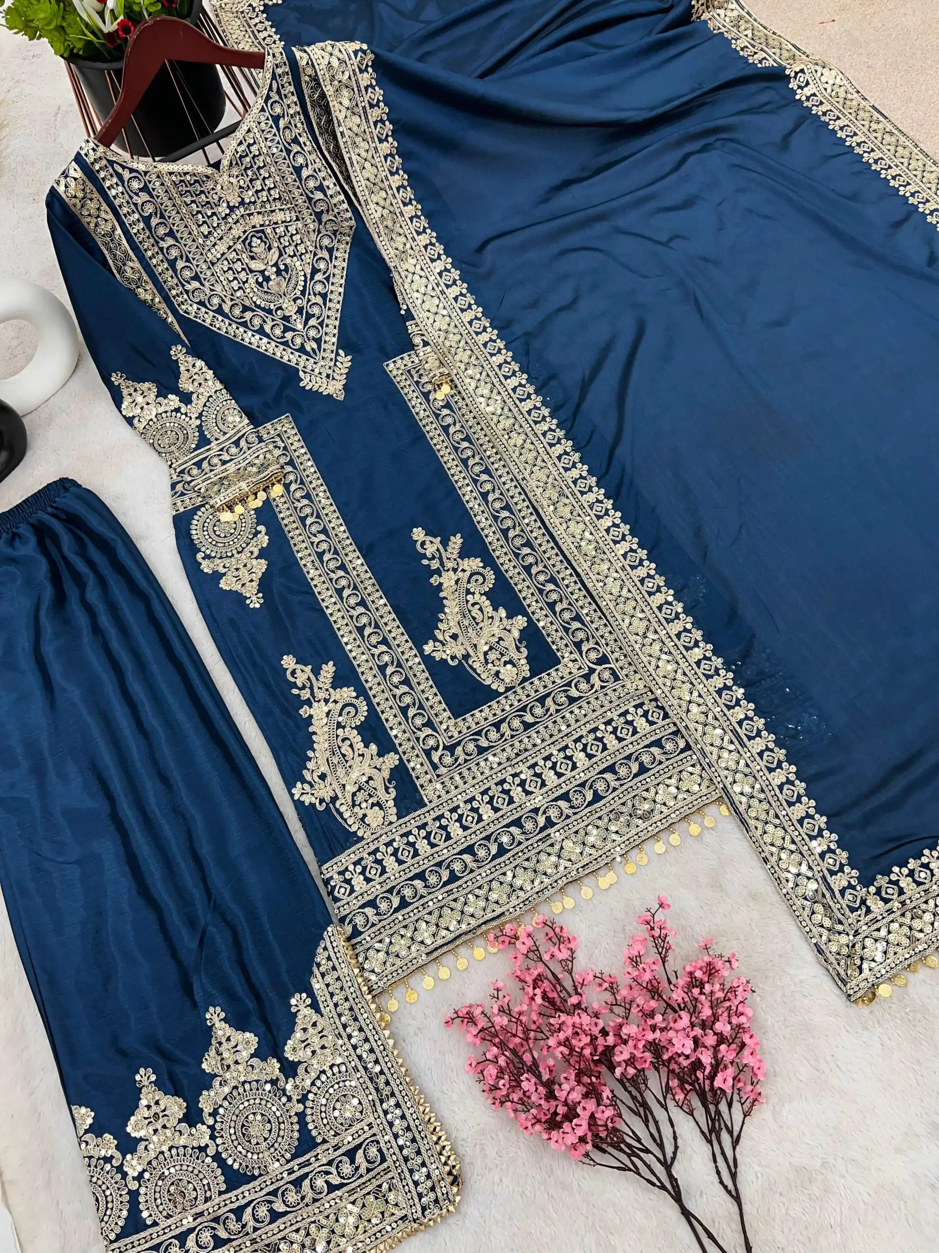 NSR 805 Blue Color Pure Chinnon Silk Embroidery Coding Salwar Suit Casual, Party Festive, Events Etc. Expected Delivery 4-6 Working Days @2149/- | Jump Suits, Salwar suit, Casual Suits, Creative suits, Designer Suits, Palazzo Suits, Party Wear Suits, Patiala Suits, Straight Suits