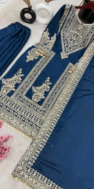 NSR 805 Blue Color Pure Chinnon Silk Embroidery Coding Salwar Suit Casual, Party Festive, Events Etc. Expected Delivery 4-6 Working Days @2149/- | Jump Suits, Salwar suit, Casual Suits, Creative suits, Designer Suits, Palazzo Suits, Party Wear Suits, Patiala Suits, Straight Suits