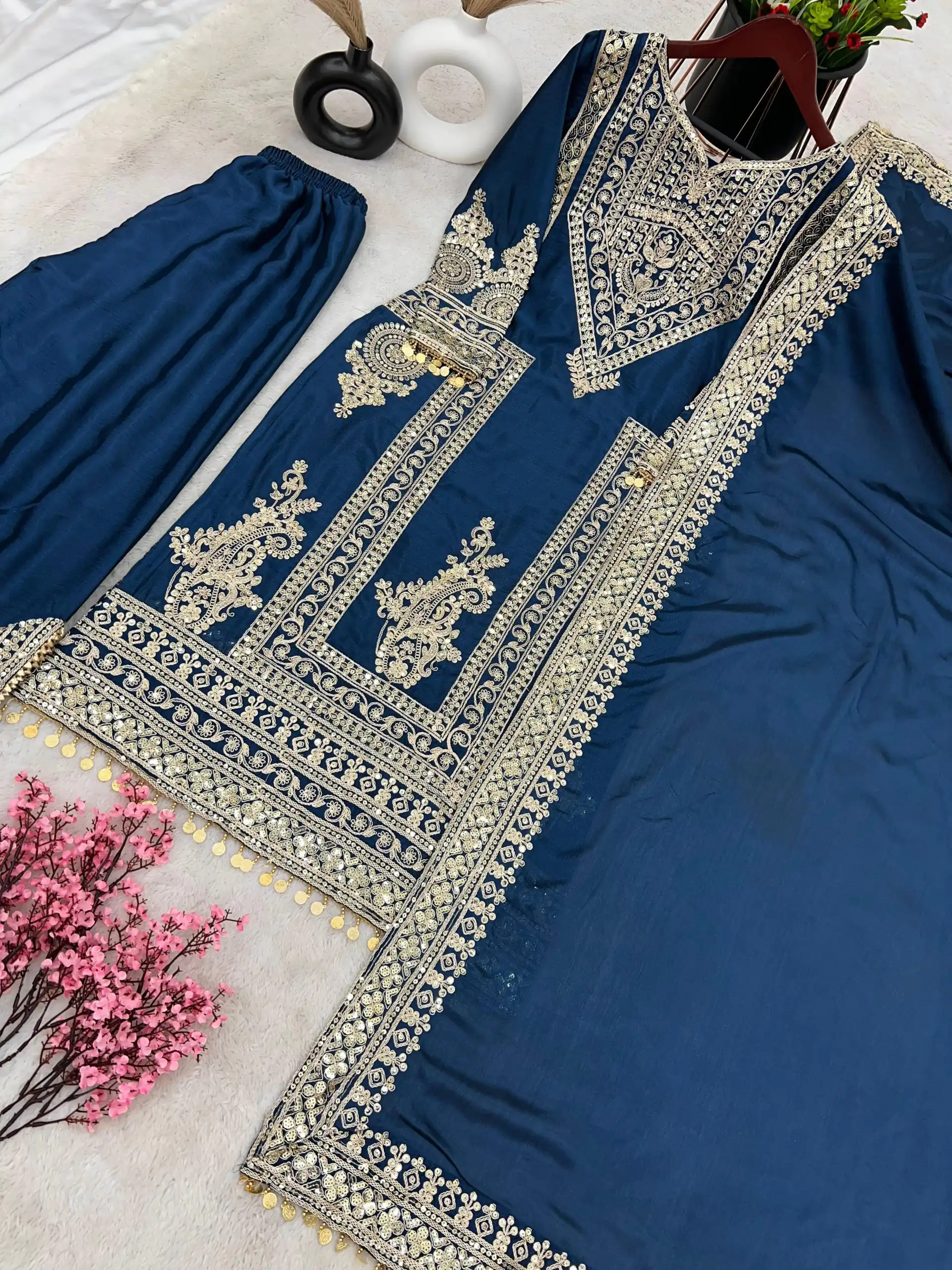 NSR 805 Blue Color Pure Chinnon Silk Embroidery Coding Salwar Suit Casual, Party Festive, Events Etc. Expected Delivery 4-6 Working Days @2149/- | Jump Suits, Salwar suit, Casual Suits, Creative suits, Designer Suits, Palazzo Suits, Party Wear Suits, Patiala Suits, Straight Suits