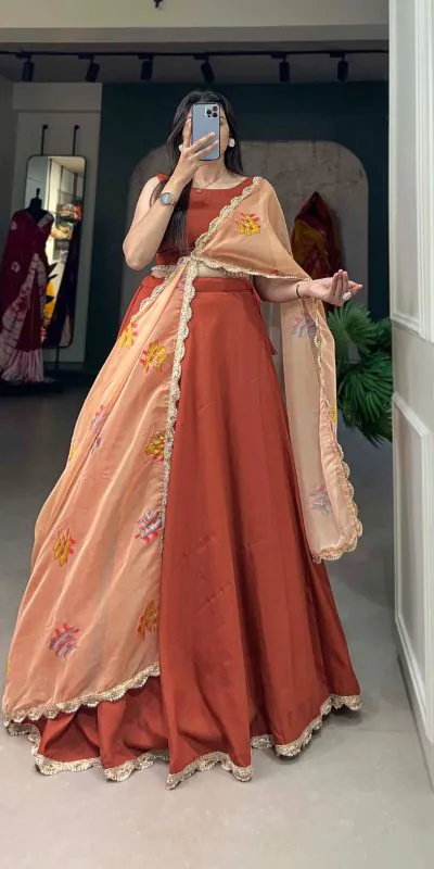 LNB1004 Bright Orange Color Polyester Viscose Chadri Lehenga Choli Gotta Patti Lace Festive Party Wedding, Events etc. Delivery 4-6 Working Days @2349/- | Lehenga, Bollywood Lehenga, Creative Lehenga, Designer Lehenga, Embroidered Lehenga, Party Wear Lehenga