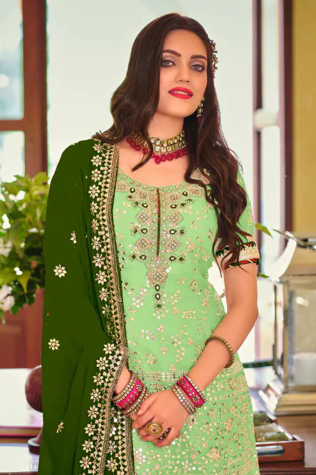 DS 1364 Parrot Green Color Faux Georgette Embroidery Work Salwar Suit Wedding, Party, Festive, Events Expected Delivery 4-6 Working Days @ 2299/- | Jump Suits, Salwar suit, Casual Suits, Creative suits, Designer Suits, Palazzo Suits, Party Wear Suits, Patiala Suits, Straight Suits
