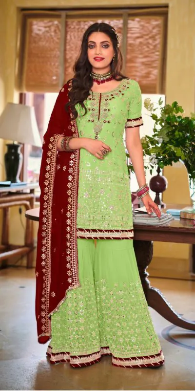 DS 1364 Parrot Green Color Faux Georgette Embroidery Work Salwar Suit Wedding, Party, Festive, Events Expected Delivery 4-6 Working Days @ 2299/- | Jump Suits, Salwar suit, Casual Suits, Creative suits, Designer Suits, Palazzo Suits, Party Wear Suits, Patiala Suits, Straight Suits