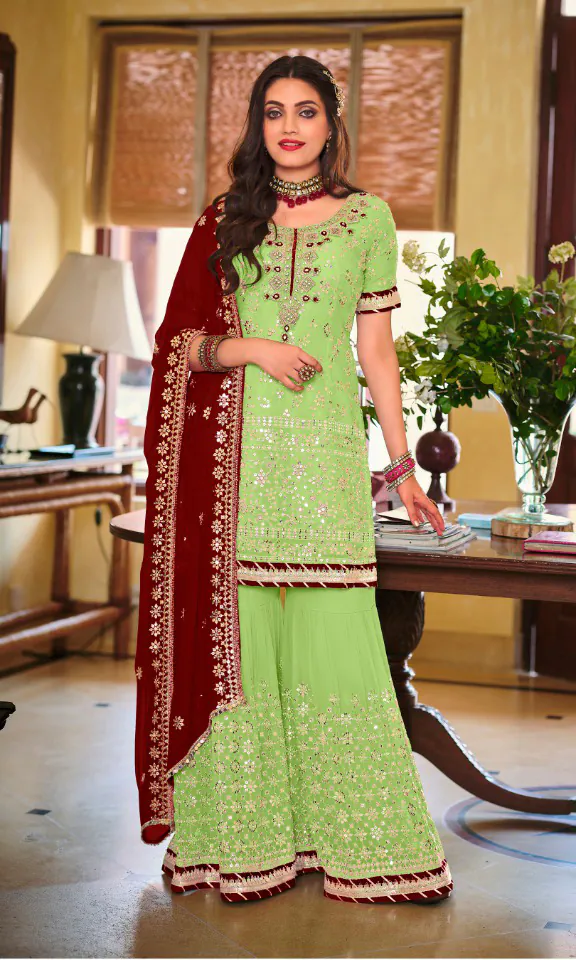 DS 1364 Parrot Green Color Faux Georgette Embroidery Work Salwar Suit Wedding, Party, Festive, Events Expected Delivery 4-6 Working Days @ 2299/- | Jump Suits, Salwar suit, Casual Suits, Creative suits, Designer Suits, Palazzo Suits, Party Wear Suits, Patiala Suits, Straight Suits