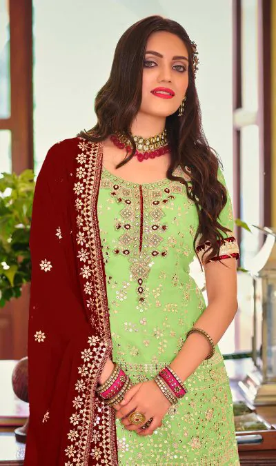 DS 1364 Parrot Green Color Faux Georgette Embroidery Work Salwar Suit Wedding, Party, Festive, Events Expected Delivery 4-6 Working Days @ 2299/- | Jump Suits, Salwar suit, Casual Suits, Creative suits, Designer Suits, Palazzo Suits, Party Wear Suits, Patiala Suits, Straight Suits
