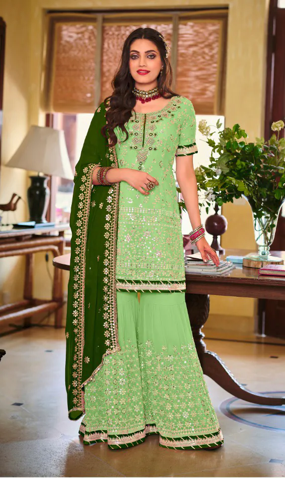 DS 1364 Parrot Green Color Faux Georgette Embroidery Work Salwar Suit Wedding, Party, Festive, Events Expected Delivery 4-6 Working Days @ 2299/- | Jump Suits, Salwar suit, Casual Suits, Creative suits, Designer Suits, Palazzo Suits, Party Wear Suits, Patiala Suits, Straight Suits