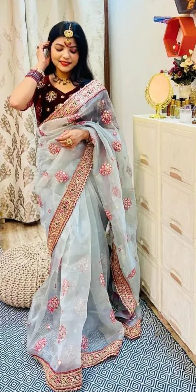 VT 539 Ash Blue Color Organza Designer Multi Thread Work Saree And Blouse Casual, Wedding, Festive, Events . Expected Delivery  4-6 Working Days @1999/- | Designer Sarees, Sarees, Bollywood Sarees, Creative Sarees, Embroidered Sarees, Ethnic Saree, Modern Digital sarees, Party Wear Sarees