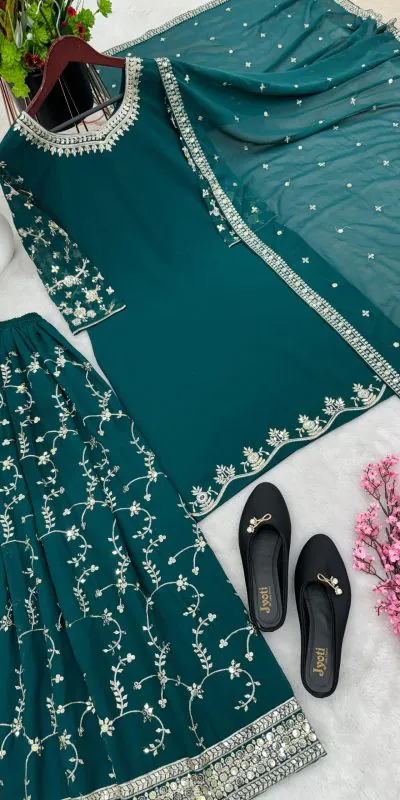 SRK 5135 Peacock Green Color Georgette Embroidery Sequence Salwar Suit Wedding, Party, Festive, Events Expected Delivery 4-6 Working Days @ 1999/- | Casual Suits, Jump Suits, Salwar suit, Creative suits, Designer Suits, Palazzo Suits, Party Wear Suits, Patiala Suits, Straight Suits