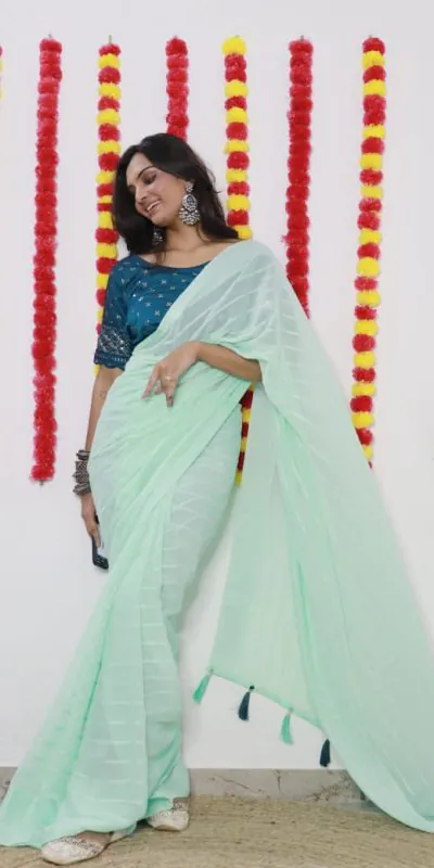 SF Chiffon Light Green Color Soft chiffon Woven Satin Strips Saree Casual, Wedding, Festive, Events Etc. Expected Delivery 4-6 Working Days @1749/- | Designer Sarees, Sarees, Bollywood Sarees, Creative Sarees, Embroidered Sarees, Ethnic Saree, Modern Digital sarees, Party Wear Sarees