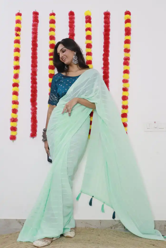 SF Chiffon  Light Green Color Soft chiffon Woven Satin Strips Saree Casual, Wedding, Festive, Events Etc. Expected Delivery  4-6 Working Days @1749/- | Designer Sarees, Sarees, Bollywood Sarees, Creative Sarees, Embroidered Sarees, Ethnic Saree, Modern Digital sarees, Party Wear Sarees