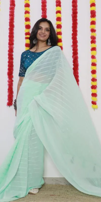 SF Chiffon  Light Green Color Soft chiffon Woven Satin Strips Saree Casual, Wedding, Festive, Events Etc. Expected Delivery  4-6 Working Days @1749/- | Designer Sarees, Sarees, Bollywood Sarees, Creative Sarees, Embroidered Sarees, Ethnic Saree, Modern Digital sarees, Party Wear Sarees