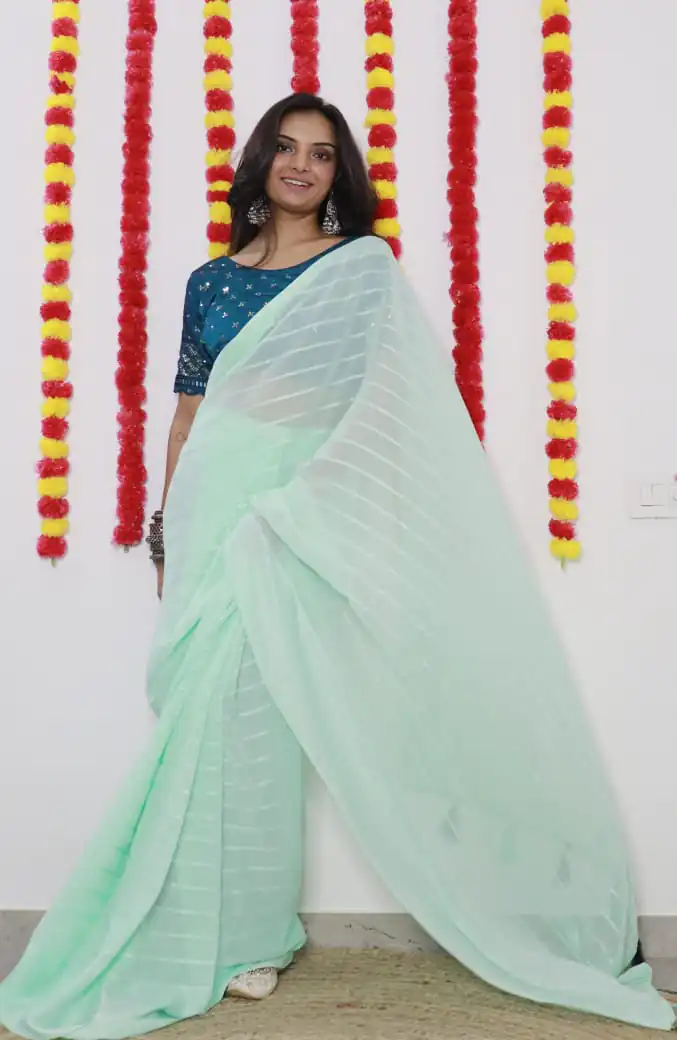 SF Chiffon  Light Green Color Soft chiffon Woven Satin Strips Saree Casual, Wedding, Festive, Events Etc. Expected Delivery  4-6 Working Days @1749/- | Designer Sarees, Sarees, Bollywood Sarees, Creative Sarees, Embroidered Sarees, Ethnic Saree, Modern Digital sarees, Party Wear Sarees