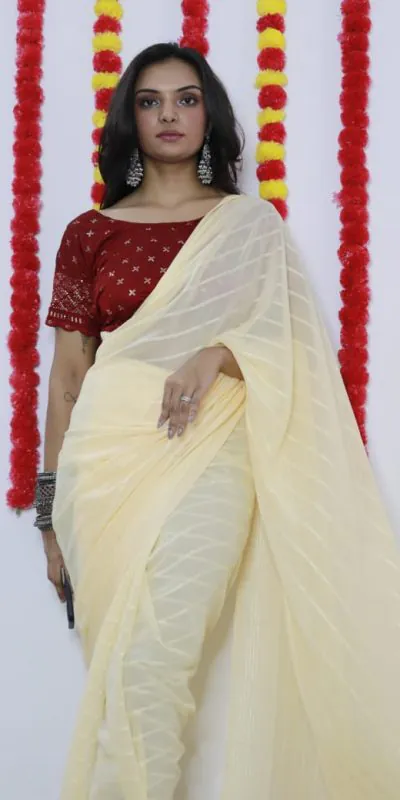SF Chiffon Light Yellow Color Soft chiffon Woven Satin Strips Saree Casual, Wedding, Festive, Events Etc. Expected Delivery 4-6 Working Days @1749/- | Designer Sarees, Sarees, Bollywood Sarees, Creative Sarees, Embroidered Sarees, Ethnic Saree, Modern Digital sarees, Party Wear Sarees