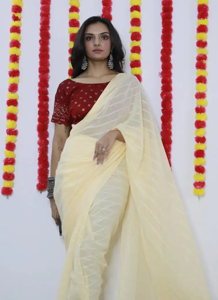 SF Chiffon  Light Yellow Color Soft chiffon Woven Satin Strips Saree Casual, Wedding, Festive, Events Etc. Expected Delivery  4-6 Working Days @1749/- | Designer Sarees, Sarees, Bollywood Sarees, Creative Sarees, Embroidered Sarees, Ethnic Saree, Modern Digital sarees, Party Wear Sarees