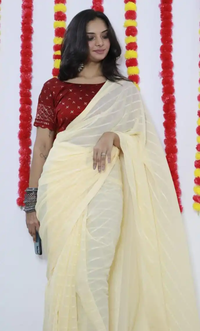 SF Chiffon  Light Yellow Color Soft chiffon Woven Satin Strips Saree Casual, Wedding, Festive, Events Etc. Expected Delivery  4-6 Working Days @1749/- | Designer Sarees, Sarees, Bollywood Sarees, Creative Sarees, Embroidered Sarees, Ethnic Saree, Modern Digital sarees, Party Wear Sarees