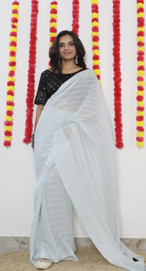 SF Chiffon  White  Color Soft chiffon Woven Satin Strips Saree Casual, Wedding, Festive, Events Etc. Expected Delivery  4-6 Working Days @1749/- | Designer Sarees, Sarees, Bollywood Sarees, Creative Sarees, Embroidered Sarees, Ethnic Saree, Modern Digital sarees, Party Wear Sarees