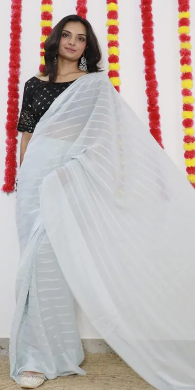 SF Chiffon  White  Color Soft chiffon Woven Satin Strips Saree Casual, Wedding, Festive, Events Etc. Expected Delivery  4-6 Working Days @1749/- | Designer Sarees, Sarees, Bollywood Sarees, Creative Sarees, Embroidered Sarees, Ethnic Saree, Modern Digital sarees, Party Wear Sarees