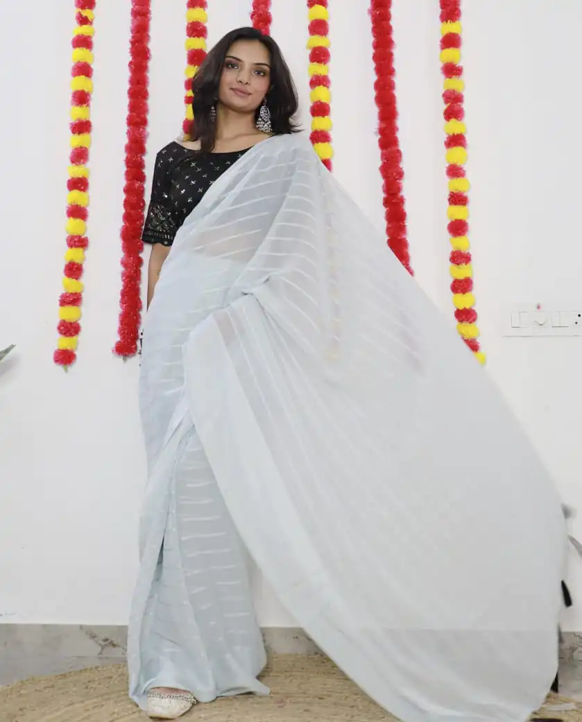 SF Chiffon  White  Color Soft chiffon Woven Satin Strips Saree Casual, Wedding, Festive, Events Etc. Expected Delivery  4-6 Working Days @1749/- | Designer Sarees, Sarees, Bollywood Sarees, Creative Sarees, Embroidered Sarees, Ethnic Saree, Modern Digital sarees, Party Wear Sarees