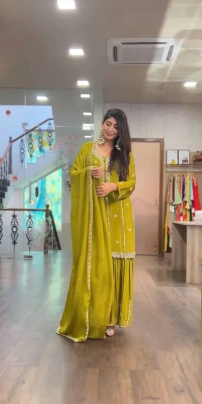 SRK-5145 Mustard Color Pure Chinnon Silk Embroidery Sequence Salwar Suit Wedding, Party, Festive, Events Expected Delivery 4-6 Working Days @ 1899/- | Jump Suits, Salwar suit, Casual Suits, Creative suits, Designer Suits, Palazzo Suits, Party Wear Suits, Patiala Suits, Straight Suits