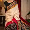 New Black And Cream Color Plain Linen Digital Printed Saree