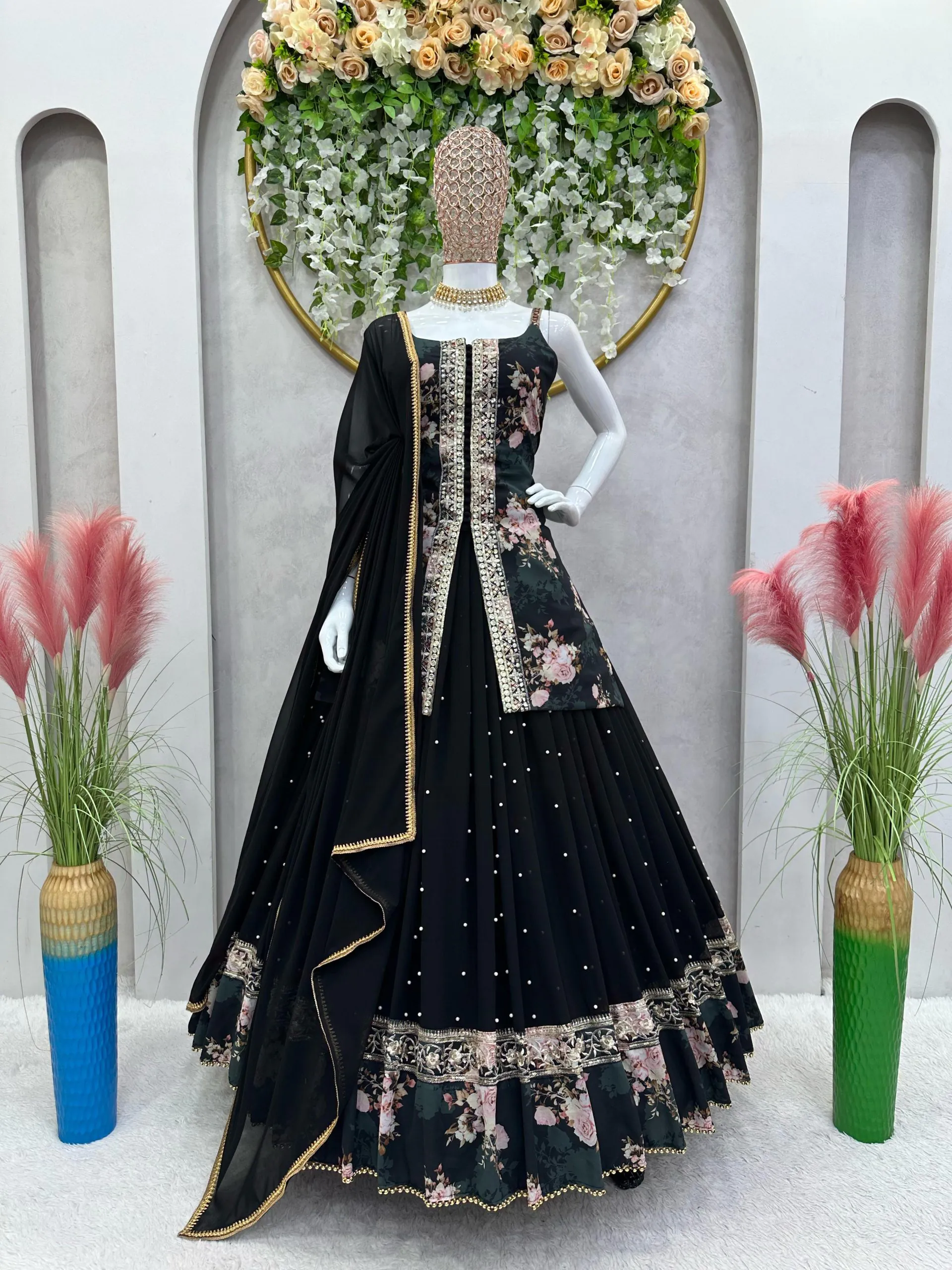 RTC 6466 Black Color Foix Georgette Rivet Moti Digital Printed Lehenga Choli Wedding, Party, Festive, Events Etc.   Expected Delivery 4-6 Working Days @2049/- | Lehenga, Bollywood Lehenga, Creative Lehenga, Designer Lehenga, Embroidered Lehenga, Party Wear Lehenga