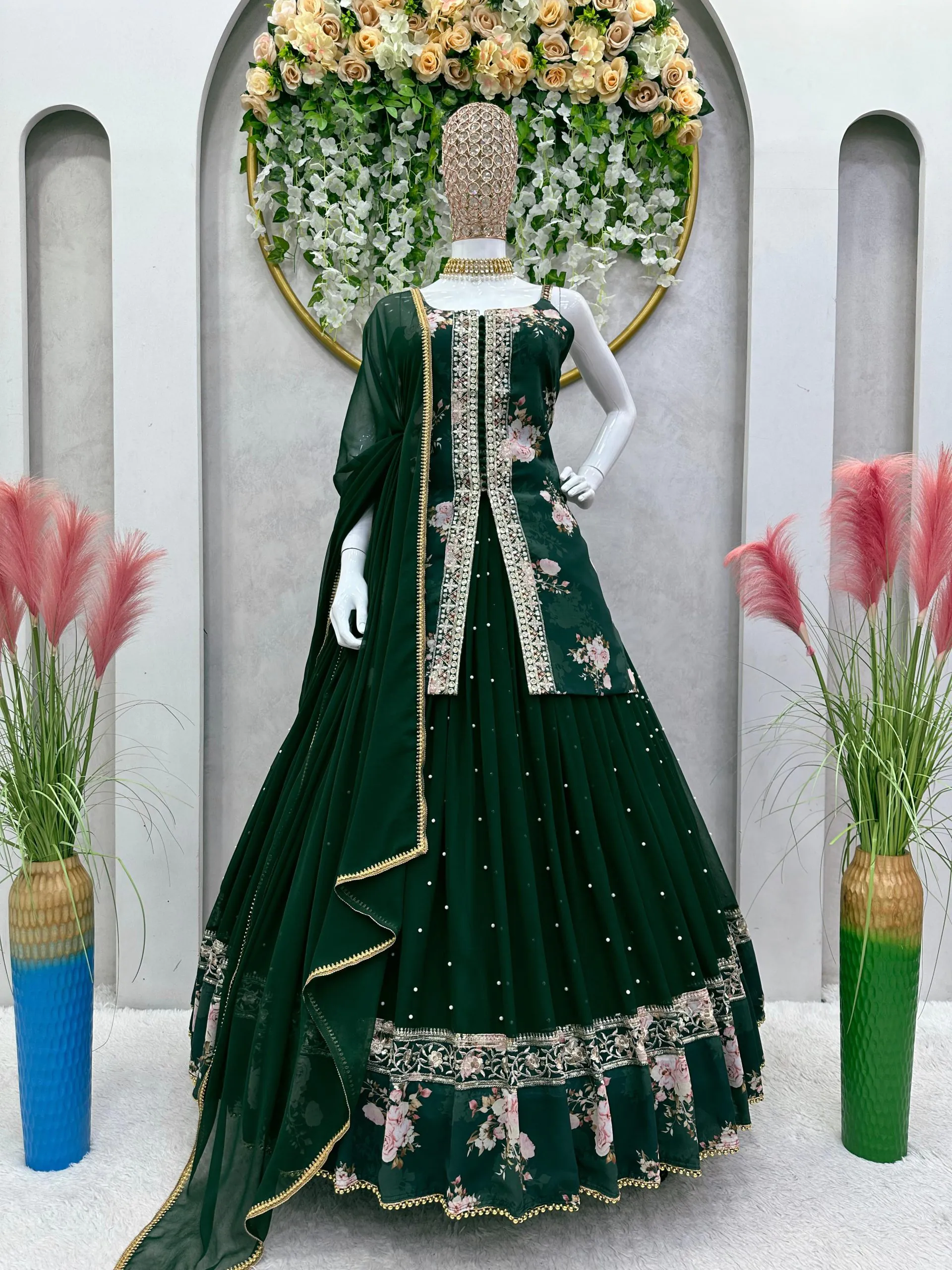 RTC 6466 Green Color Foix Georgette Rivet Moti Digital Printed Lehenga Choli Wedding, Party, Festive, Events Etc.   Expected Delivery 4-6 Working Days @2049/- | Lehenga, Bollywood Lehenga, Creative Lehenga, Designer Lehenga, Embroidered Lehenga, Party Wear Lehenga