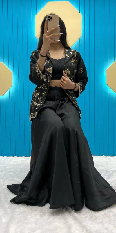 LG 1798 Black Color Fiona Silk Koti / Blazer Sequence Embroidery Salwar Suit Casual, Wedding, Festive, Events Etc. Expected Delivery 4-6 Working Days @1949/ | Jump Suits, Salwar suit, Casual Suits, Creative suits, Designer Suits, Palazzo Suits, Party Wear Suits, Patiala Suits, Straight Suits