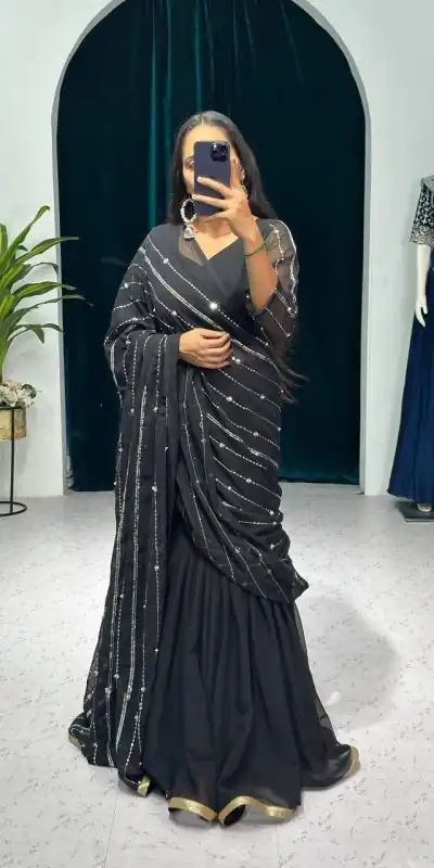 ST 1035 Black Color Georgette Embroidery Moti Work Lehenga Saree Casual, Wedding, Party, Festive, Events Etc. Expected Delivery 4-6 Working Days @2049/- | Lehenga, Bollywood Lehenga, Creative Lehenga, Designer Lehenga, Embroidered Lehenga, Party Wear Lehenga
