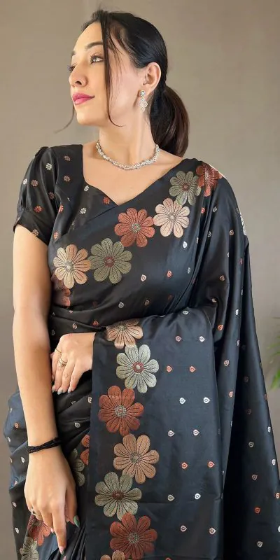 DDF 127 Black Color Soft Lichi Silk Ordinary Design Rich Pallu Saree Casual, Party Wear, Events, Festivals Etc. Expected Delivery 4-6 Working Days 1499/- | Designer Sarees, Sarees, Bollywood Sarees, Creative Sarees, Embroidered Sarees, Ethnic Saree, Modern Digital sarees, Party Wear Sarees