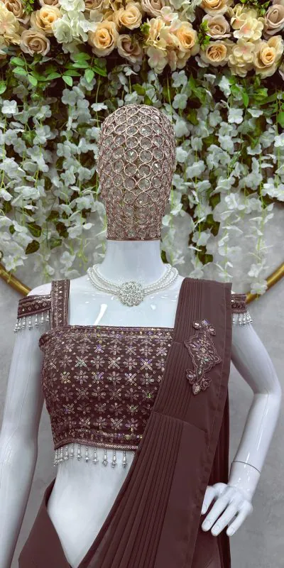 KD 446 Coffee Color Faux Georgette Ruffle Patch Work Saree Casual, Party, Wedding, Festive, Events Etc.  Expected Delivery  4-6 Working Days @1899/- Only | Designer Sarees, Sarees, Bollywood Sarees, Creative Sarees, Embroidered Sarees, Ethnic Saree, Modern Digital sarees, Party Wear Sarees