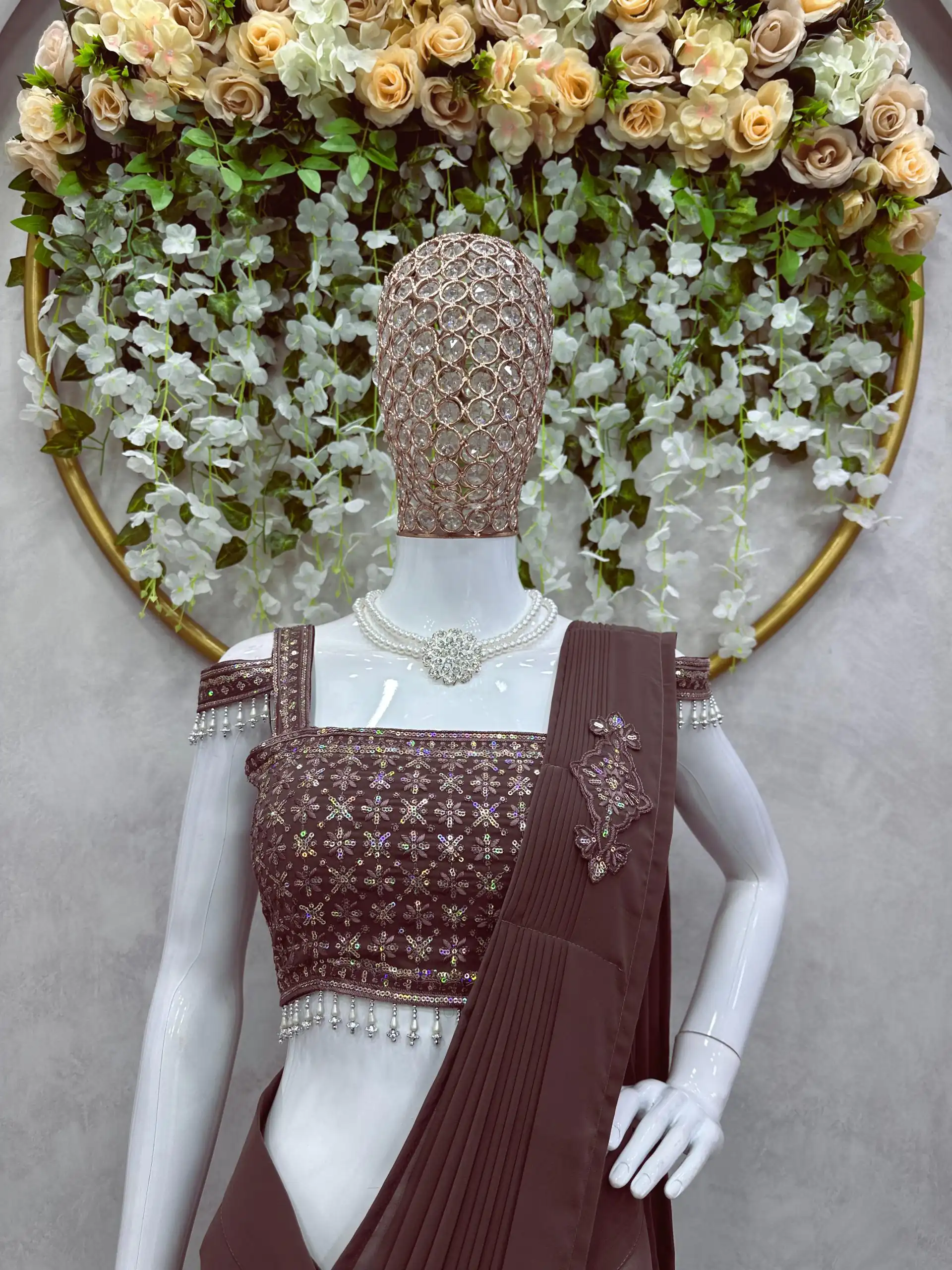 KD 446 Coffee Color Faux Georgette Ruffle Patch Work Saree Casual, Party, Wedding, Festive, Events Etc.  Expected Delivery  4-6 Working Days @1899/- Only | Designer Sarees, Sarees, Bollywood Sarees, Creative Sarees, Embroidered Sarees, Ethnic Saree, Modern Digital sarees, Party Wear Sarees