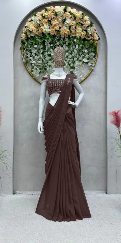 KD 446 Coffee Color Faux Georgette Ruffle Patch Work Saree Casual, Party, Wedding, Festive, Events Etc.  Expected Delivery  4-6 Working Days @1899/- Only | Designer Sarees, Sarees, Bollywood Sarees, Creative Sarees, Embroidered Sarees, Ethnic Saree, Modern Digital sarees, Party Wear Sarees