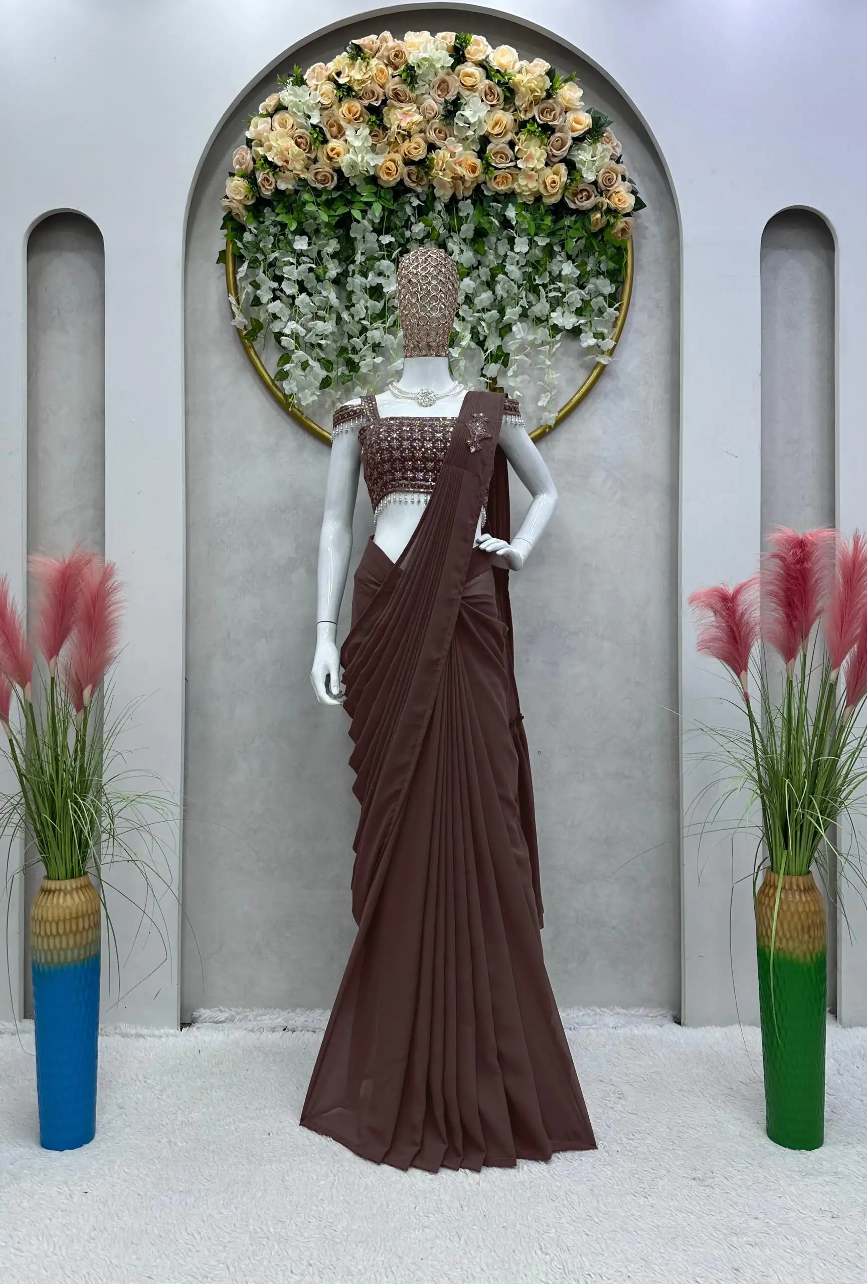 KD 446 Coffee Color Faux Georgette Ruffle Patch Work Saree Casual, Party, Wedding, Festive, Events Etc.  Expected Delivery  4-6 Working Days @1899/- Only | Designer Sarees, Sarees, Bollywood Sarees, Creative Sarees, Embroidered Sarees, Ethnic Saree, Modern Digital sarees, Party Wear Sarees