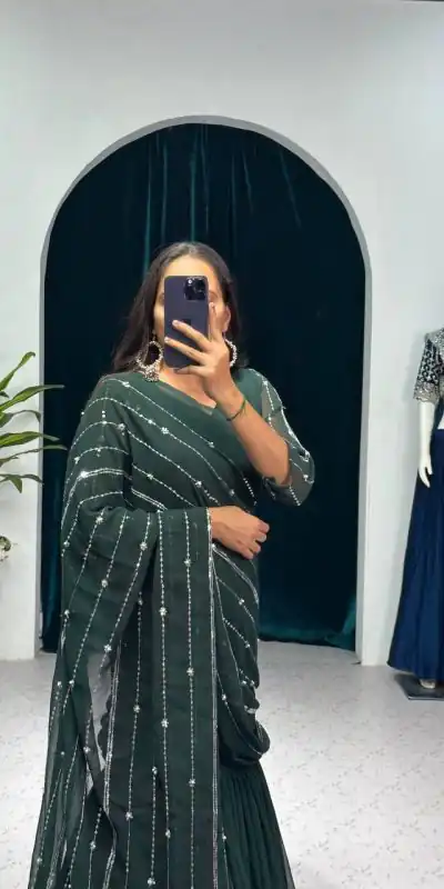 ST 1035 Green Color Georgette Embroidery Moti Work Lehenga Saree Casual, Wedding, Party, Festive, Events Etc. Expected Delivery 4-6 Working Days @2049/- | Lehenga, Bollywood Lehenga, Creative Lehenga, Designer Lehenga, Embroidered Lehenga, Party Wear Lehenga