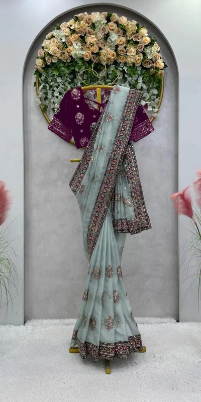 KD 460 Light Blue Organza Thread & Sequence Work Saree Casual, Party, Wedding, Festive, Events Etc.  Expected Delivery 4-6 Working Days @1999/- | Designer Sarees, Sarees, Bollywood Sarees, Creative Sarees, Embroidered Sarees, Modern Digital sarees, Party Wear Sarees
