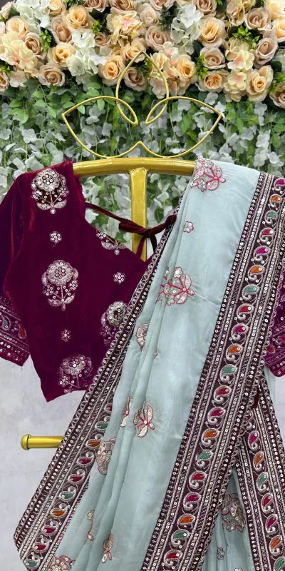 KD 460 Light Blue Organza Thread & Sequence Work Saree Casual, Party, Wedding, Festive, Events Etc.  Expected Delivery 4-6 Working Days @1999/- | Designer Sarees, Sarees, Bollywood Sarees, Creative Sarees, Embroidered Sarees, Modern Digital sarees, Party Wear Sarees