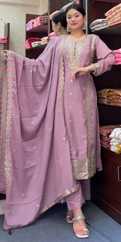 SRK 5148 Light Purple Color Pure Chinnon Silk Embroidery Sequence Salwar Suit Wedding, Party, Festive, Events Expected Delivery 4-6 Working Days @ 1950/- | Jump Suits, Salwar suit, Casual Suits, Creative suits, Designer Suits, Palazzo Suits, Party Wear Suits, Patiala Suits, Straight Suits