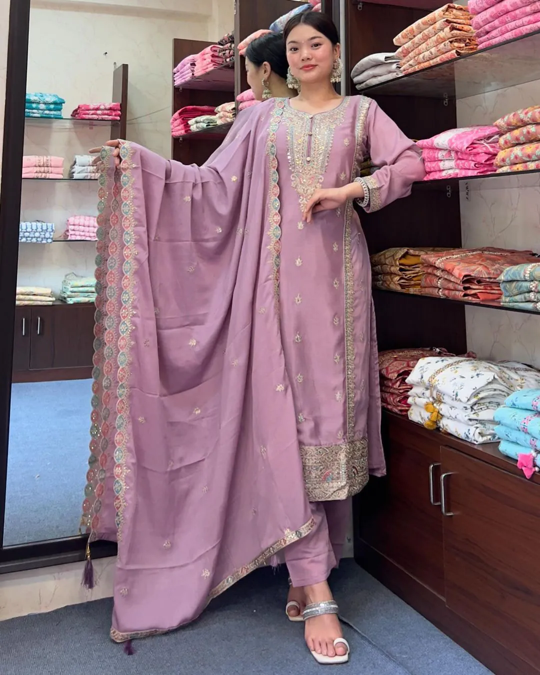 SRK 5148 Light Purple Color Pure Chinnon Silk Embroidery Sequence Salwar Suit Wedding, Party, Festive, Events Expected Delivery 4-6 Working Days @ 1950/- | Jump Suits, Salwar suit, Casual Suits, Creative suits, Designer Suits, Palazzo Suits, Party Wear Suits, Patiala Suits, Straight Suits
