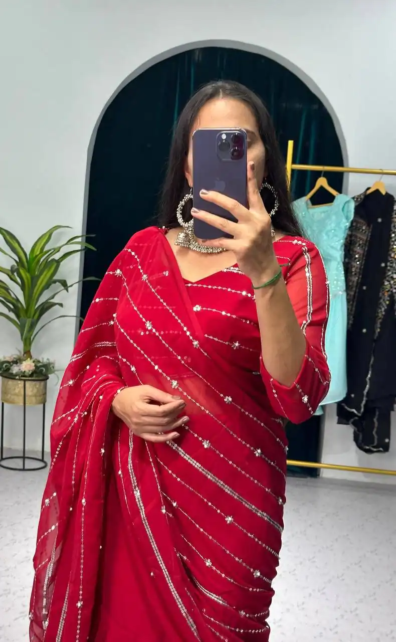 ST 1035 Maroon Color Georgette Embroidery Moti Work Lehenga Saree Casual, Wedding, Party, Festive, Events Etc. Expected Delivery 4-6 Working Days @2049/- | Lehenga, Bollywood Lehenga, Creative Lehenga, Designer Lehenga, Embroidered Lehenga, Party Wear Lehenga