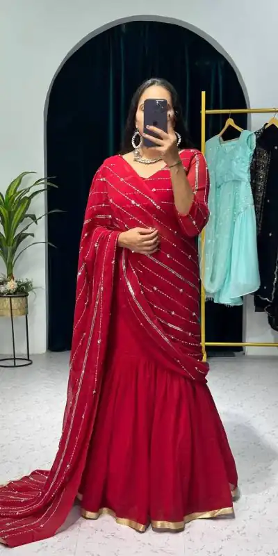 ST 1035 Maroon Color Georgette Embroidery Moti Work Lehenga Saree Casual, Wedding, Party, Festive, Events Etc. Expected Delivery 4-6 Working Days @2049/- | Lehenga, Bollywood Lehenga, Creative Lehenga, Designer Lehenga, Embroidered Lehenga, Party Wear Lehenga