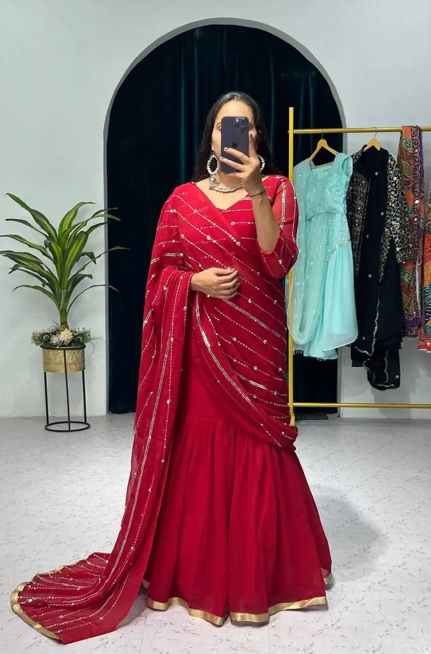 ST 1035 Maroon Color Georgette Embroidery Moti Work Lehenga Saree Casual, Wedding, Party, Festive, Events Etc. Expected Delivery 4-6 Working Days @2049/- | Lehenga, Bollywood Lehenga, Creative Lehenga, Designer Lehenga, Embroidered Lehenga, Party Wear Lehenga