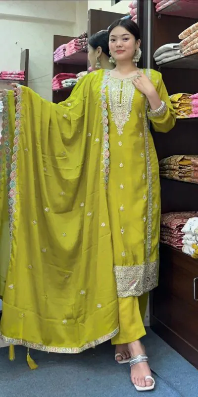 SRK 5148 Mehndi Green Color Pure Chinnon Silk Embroidery Sequence Salwar Suit Wedding, Party, Festive, Events Expected Delivery 4-6 Working Days @ 1950/- | Jump Suits, Salwar suit, Casual Suits, Creative suits, Designer Suits, Palazzo Suits, Party Wear Suits, Patiala Suits, Straight Suits