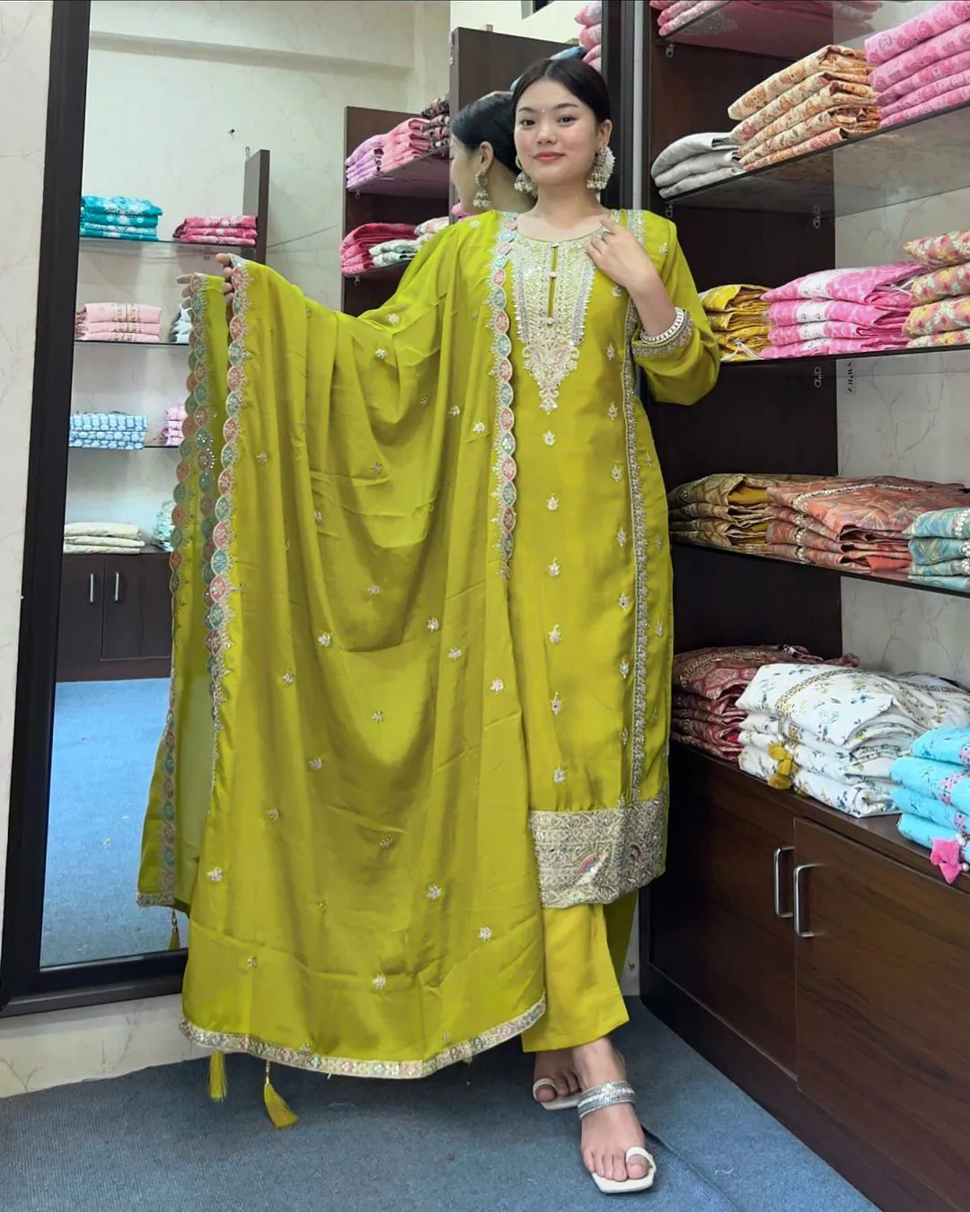SRK 5148 Mehndi Green Color Pure Chinnon Silk Embroidery Sequence Salwar Suit Wedding, Party, Festive, Events Expected Delivery 4-6 Working Days @ 1950/- | Jump Suits, Salwar suit, Casual Suits, Creative suits, Designer Suits, Palazzo Suits, Party Wear Suits, Patiala Suits, Straight Suits