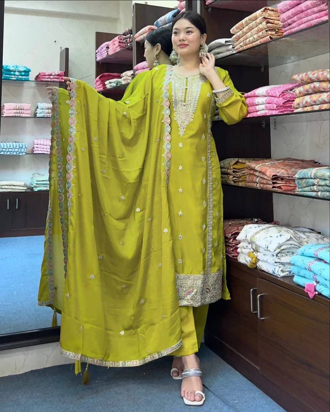 SRK 5148 Mehndi Green Color Pure Chinnon Silk Embroidery Sequence Salwar Suit Wedding, Party, Festive, Events Expected Delivery 4-6 Working Days @ 1950/- | Jump Suits, Salwar suit, Casual Suits, Creative suits, Designer Suits, Palazzo Suits, Party Wear Suits, Patiala Suits, Straight Suits
