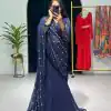 Nice Navy Blue Georgette Embroidery Moti Work Lehenga Saree