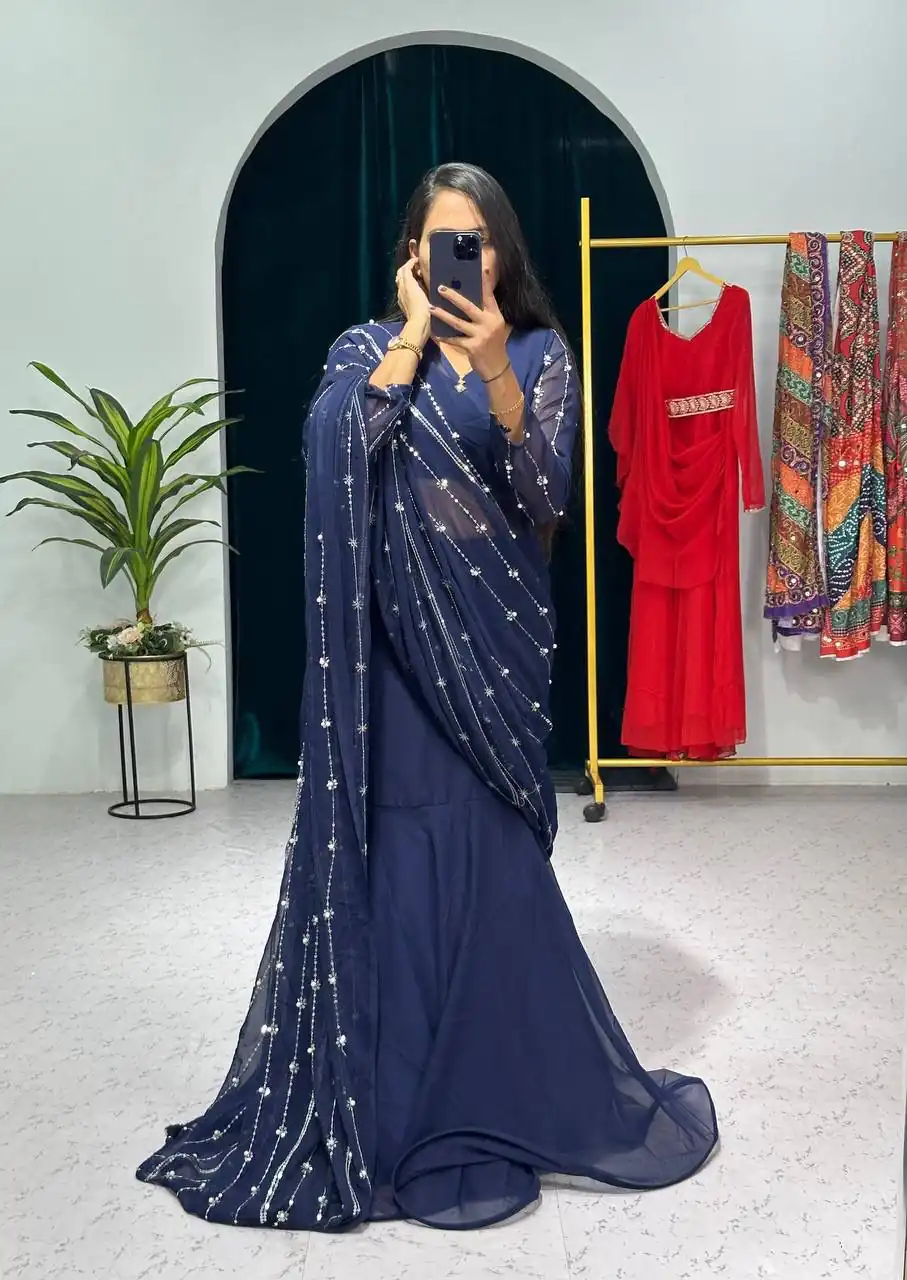 ST 1035 Navy Blue Color Georgette Embroidery Moti Work Lehenga Saree Casual, Wedding, Party, Festive, Events Etc. Expected Delivery 4-6 Working Days @2049/- | Lehenga, Bollywood Lehenga, Creative Lehenga, Designer Lehenga, Embroidered Lehenga, Party Wear Lehenga