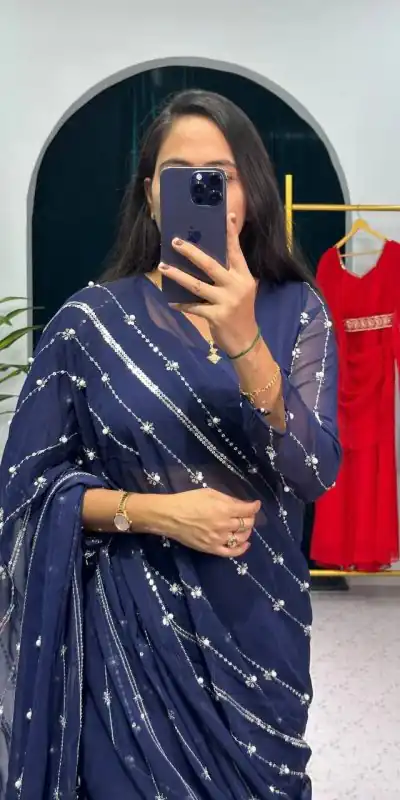 ST 1035 Navy Blue Color Georgette Embroidery Moti Work Lehenga Saree Casual, Wedding, Party, Festive, Events Etc. Expected Delivery 4-6 Working Days @2049/- | Lehenga, Bollywood Lehenga, Creative Lehenga, Designer Lehenga, Embroidered Lehenga, Party Wear Lehenga