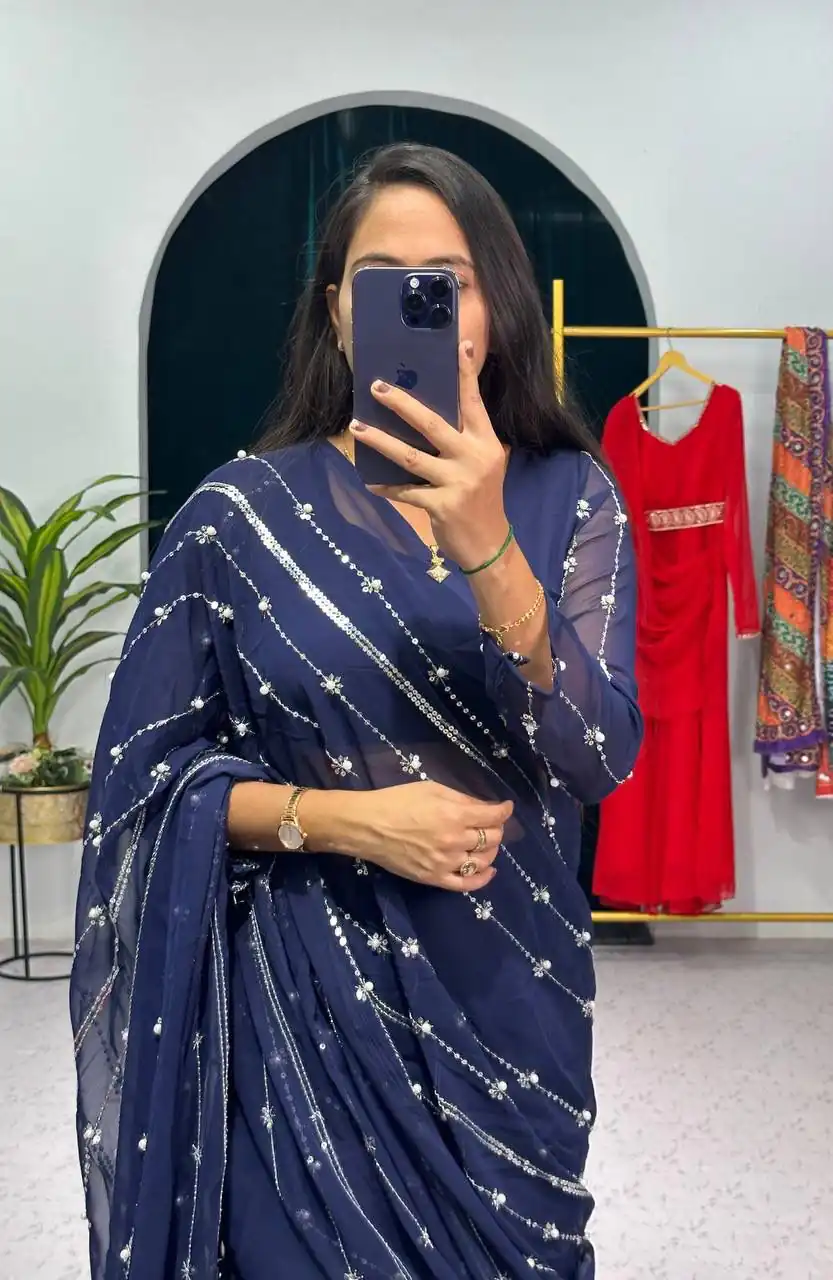 ST 1035 Navy Blue Color Georgette Embroidery Moti Work Lehenga Saree Casual, Wedding, Party, Festive, Events Etc. Expected Delivery 4-6 Working Days @2049/- | Lehenga, Bollywood Lehenga, Creative Lehenga, Designer Lehenga, Embroidered Lehenga, Party Wear Lehenga