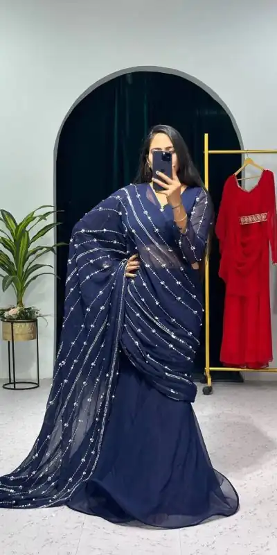 ST 1035 Navy Blue Color Georgette Embroidery Moti Work Lehenga Saree Casual, Wedding, Party, Festive, Events Etc. Expected Delivery 4-6 Working Days @2049/- | Lehenga, Bollywood Lehenga, Creative Lehenga, Designer Lehenga, Embroidered Lehenga, Party Wear Lehenga