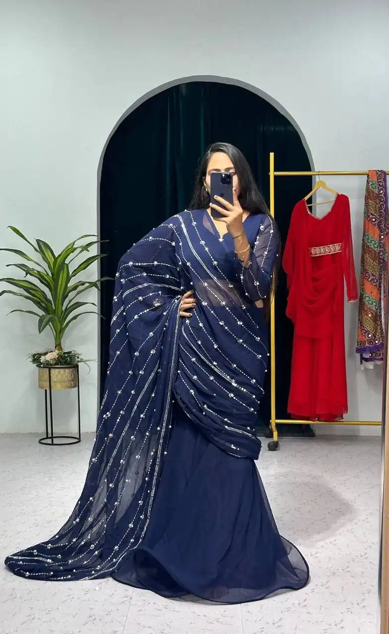 ST 1035 Navy Blue Color Georgette Embroidery Moti Work Lehenga Saree Casual, Wedding, Party, Festive, Events Etc. Expected Delivery 4-6 Working Days @2049/- | Lehenga, Bollywood Lehenga, Creative Lehenga, Designer Lehenga, Embroidered Lehenga, Party Wear Lehenga
